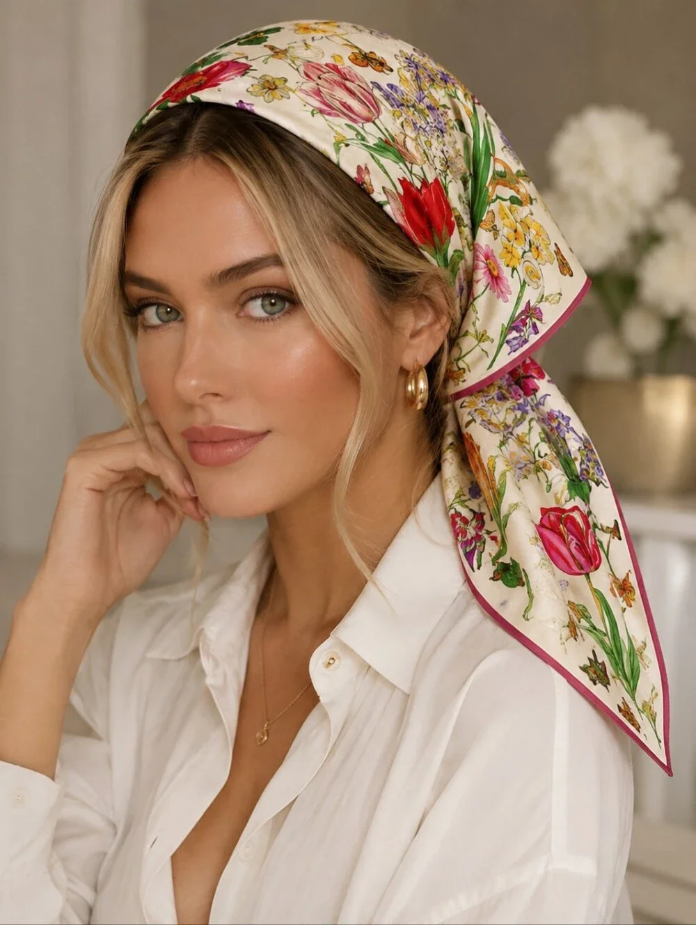 Floral Silk-Feel Scarf Headscarf – Purse Accessory Cream Floral Pattern